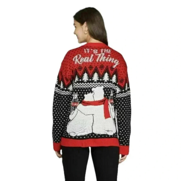Coca Cola Ugly Christmas Cardigan Sweater Coke Polar Bears Red Black Size Small - Picture 2 of 11